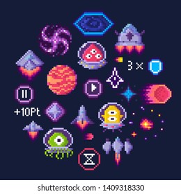 Pixel game icons vector, planet and spaceship, aliens in uniforms. Hourglass and button, transport and black hole, pixelated points and shield sign with number