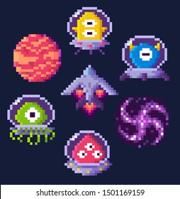 Pixel game icons vector, planet and spaceship, aliens in uniforms in video-game. Hourglass and button, transport and black hole, 8 bit pixelated points and red planet for app game