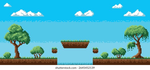 Pixel game interface. 8 bit retro graphic, nature location landscape, repeated trees, sky with clouds, soil and grass, green summer arcade horizontal background, qualitative vector concept