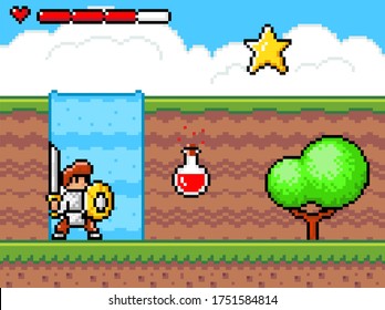 Pixel game interface. 80s graphic. Hero or personage, character of mobile 8 bit game, videogame. Pixelated knight with sword and shield outoodrs. Status health with red heart, poison force, star bonus