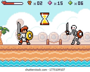 Pixel game interface. 80s graphic. Hero or personage, character of mobile 8 bit game, videogame. Pixelated knight standing in front of enemy skeleton at beach, sea and ship background. Loading time