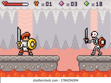 Pixel game interface. 80s graphic. Hero or personage, character of mobile 8 bit game, videogame. Pixelated knight standing in front of enemy skeleton from other side. Monster ready to fight with hero