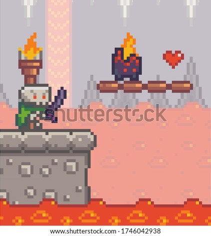 Pixel game interface. Aggresive mob, npc, skeleton with sword. Unstable platform with burning dangerous monster, bonus life, heart. Cave with boiling lava or magma. World of 8bit game, graphics of 80s