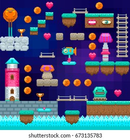 Pixel game interface. Pixel art. Video arcade game elements. Vector illustration. Pixel blocks to construct original game level.