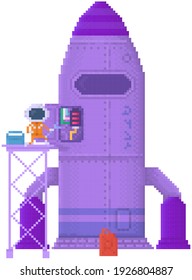 Pixel game interface design. Cartoon character repairs rocket to fly away. Pixelated astronaut in space object. Pixel alien fueles aircraft. Purple rocket with creature isolated on white background