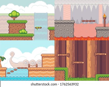 Pixel game interface. Design of different locations. Place with waterfall, green hills, trees. Underground, in cave, with boiling magma. Sea with ship, palm at beach, platforms. In forest, wood