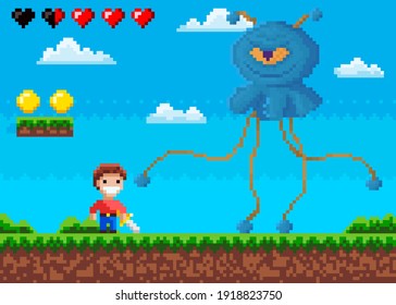 Pixel game interface design. Evil blue monster with one eye hits guy. Unidentified flying object goes to happy man. Alien attacks smiling main character with incomplete health in form of hearts