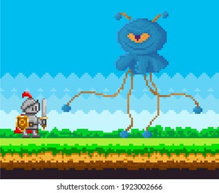 Pixel game interface design. Evil blue monster with one eye hits knight. Unidentified flying object goes to brave warrior. Alien attacks pixelated male character in armor with steel sword and shield
