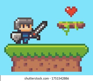 Pixel game interface, element. 80s graphic. Hero or personage of mobile 8 bit game, videogame. Collecting lives, life heart. Pixelated knight with sword and shield at grass. Adventure game, 2d texture