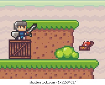 Pixel game interface, element. 80s graphic. Hero or personage of mobile 8bit game, videogame. Collecting gold, open chest with rewards. Knight with sword and shield standing at wooden box. 2d texture