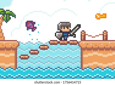 Pixel game interface, elements. 80s graphic. Hero or personage of mobile 8bit game. Pixelated knight with sword overcoming monster fish, walking through water to key. Adventure game, 2d texture