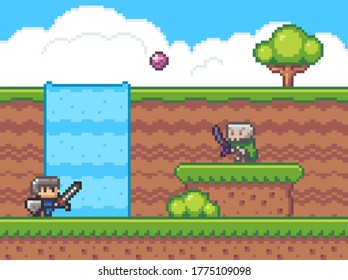 Pixel game interface, elements. 80s graphic. Hero or personage of mobile 8bit game. Pixelated knight with sword throwing ball in skeleton. Waterfall at background. Adventure game, 2d texture