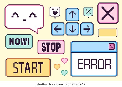 Pixel game interface elements set - navigation arrows, start buttons, error message, speech bubble with kawaii face, pixel hearts and control panels. Retro 90s gaming design and 8-bit projects.