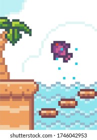 Pixel game interface. Fish with red eyes jump out from water, palm at beach. Pixelated monster npc in mobile game. Platforms under water. World of 8-bit game, graphics in 80s style, danger for hero