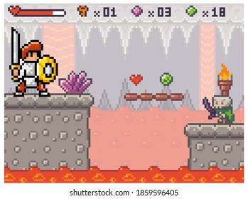 Pixel game interface. A knight in armor walks along a platform above the lava. Hero is collecting items. The main character with a sword goes to the burning skull. Old 8-bit mobile game of 80s