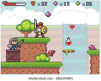 Pixel game interface. Knight wear armor is holding sword in his hands. Way through deep. Life scale, 8-bit mobile game of 80s. Main characters of the game fight evil and collect flasks with the elixir