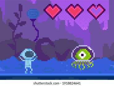 Pixel game interface layout design. Cartoon character goes to unidentified object. Alien attacks astronaut with incomplete health. Man raises his hands up and looks through helmet at danger