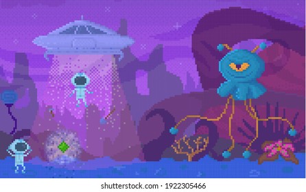 Pixel game interface layout design. Flying saucer engulfs alien. Angry blue monster with one eye. Unidentified flying object goes to astronauts. UFO on spaceship on unknown planet vector illustration