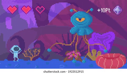 Pixel game interface layout design. Angry blue monster with one eye. Unidentified flying object goes to astronauts. Alien attacks character with incomplete health in form of hearts vector illustration