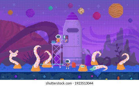 Pixel game interface layout design. Cartoon characters repair rocket to fly away. Tentacles attack astronauts vector illustration. Alien with blaster shoots dangerous animal crawling out of ground