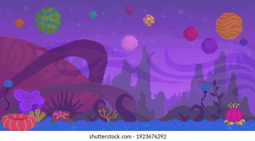 Pixel game interface layout design. Dark alien street with planets on background. Pixel game about space vector illustration. Space plants, colorful flowers and trees. Design for mobile app