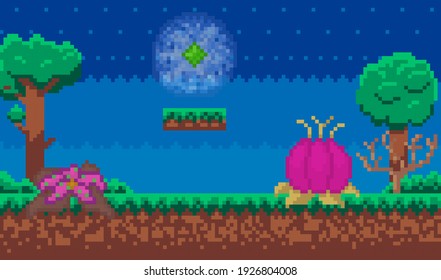 Pixel game interface layout design. Dark street with alien plants and platform. Pixel game vector illustration. Space road to goal with plants, colorful flowers and trees. Design for mobile app