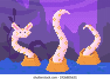 Pixel game interface layout design. Fantasy glade with alien plants with tentacles on background of space. Cosmic meadow with pink pixelated organism. Pixel monster with tentacles climbs out of ground