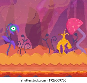 Pixel game interface layout design. Lilac pixelated alien street with flames. Gaming about space vector illustration. Space flowers with large petals, leaves and eyes. Landscape as background for game