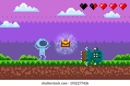 Pixel game interface layout design. Cartoon character goes to zombie and kills vector illustration. Monster attacks astronaut with incomplete health. Man raises his hands up and looks through helmet