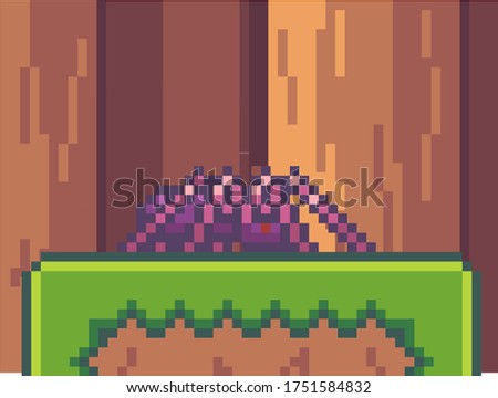 Pixel game interface. Spider at green grass on the ground in forest or wood. Pixelated monster npc in mobile game. World of 8-bit game, graphics in 80s style, danger for hero, attacking monster