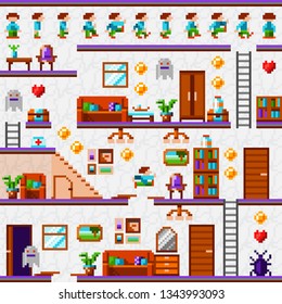 Pixel game interface. Vintage pixel video game. Home level. House level. Pixel interior. Pixel art furniture. Game character action phases