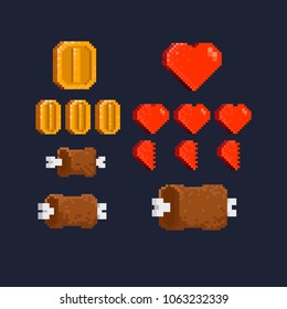 Pixel game item set.8bit game.gold coin, big gold coin, big heart, triple healt point, small meat, meadium meat and big meat.pixel game award.