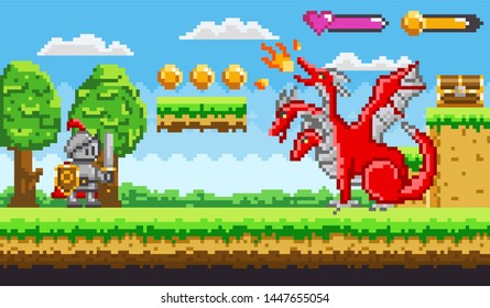 Pixel game knight in armor with sword and shield fighting with red fire belching three headed dragon for chest of money. Platformer video-game. Retro computer arcades. 8 bit pixelated art app gemes