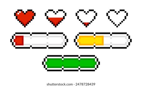 Pixel game life bar, 8 bit health heart bar.