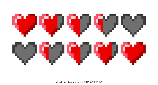 Pixel Game Life Bar. Pixel Art 8-bit Health Heart Bar. Damage Level. Red Hearts. Heart Icon Design Element. Pixel Game Design. Video Game Console. Gaming Concept. Heart Concept. EPS 10