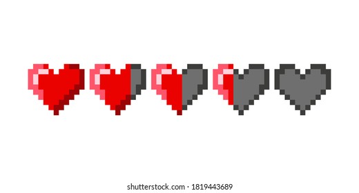 Pixel Game Life Bar. Pixel Art 8-bit Health Heart Bar. Damage Level. Red Hearts. Heart Icon Design Element. Pixel Game Design. Video Game Console. Gaming Concept. Heart Concept. EPS 10