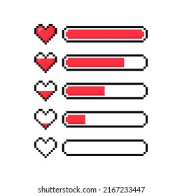 Pixel game life bar. Pixel art 8-bit love loading. Rate your love. Love measuring indicator with pixel hearts isolated on white background. Vector illustration.