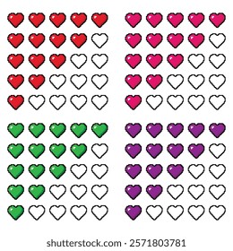 Pixel game life bar in different colors isolated on white background. Vector art 8 bit health heart bar in a video game.