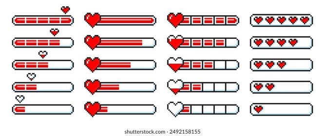 Pixel game life bar with heart for animation. 8-bit progress bar for game assets. Vector illustration.