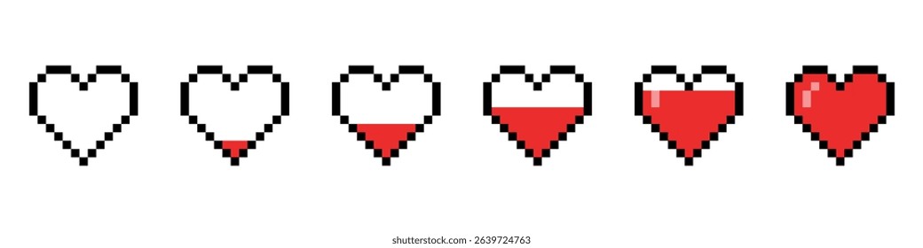Pixel game life bar indicator. Vector art 8 bit health heart set. Retro gaming UI progress elements.