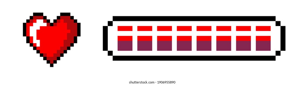 Pixel game life bar isolated on white background. Heart symbol in retro 8-bit style.