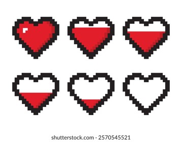 Pixel game life bar isolated on white background. Vector art 8 bit health heart bar in a video game.