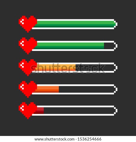 Pixel game life bar isolated on black background. Vector art 8 bit health heart bar. Gaming controller, symbols set.