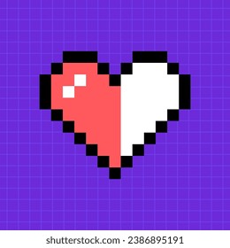 Pixel game life bar in red color on a bright purple background. Half heart icon, 8-bit retro game style illustration, controller.