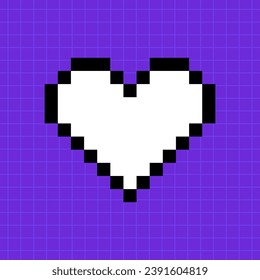 Pixel game life bar in red color on a bright purple background. Heart icon, illustration in 8-bit retro game style, controller, lives are over.