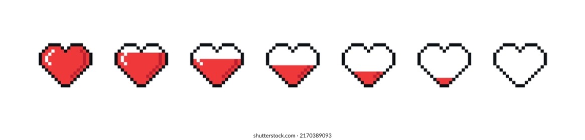 Pixel game life bar. Set of empty or filled red hearts for digital or mobile games. Character high and low health or energy symbol. Cartoon flat vector collection isolated on white background
