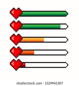 Pixel Game Life Bar. Vector Art 8 Bit Health Heart Bar. Gaming Controller, Symbols Set.