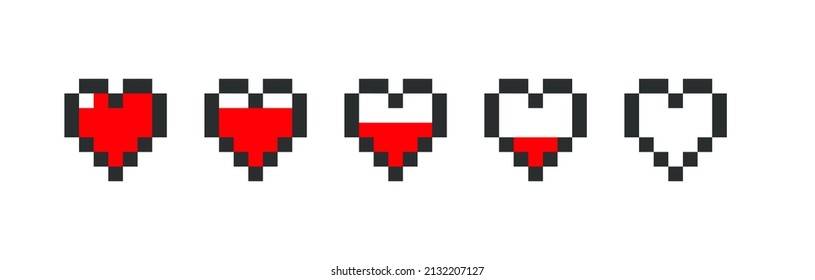 Pixel game life bar. Vector art 8 bit health heart bar. Gaming controller, symbols set.