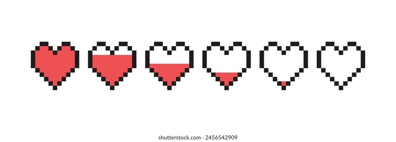 Pixel game life bar. Vector art 8 bit health heart bar. Gaming controller, symbols set.