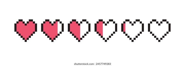 In: Pixel Game Life Bar. Vektorgrafik 8 bit Health Heart Bar. Gaming-Controller, Symbole gesetzt.